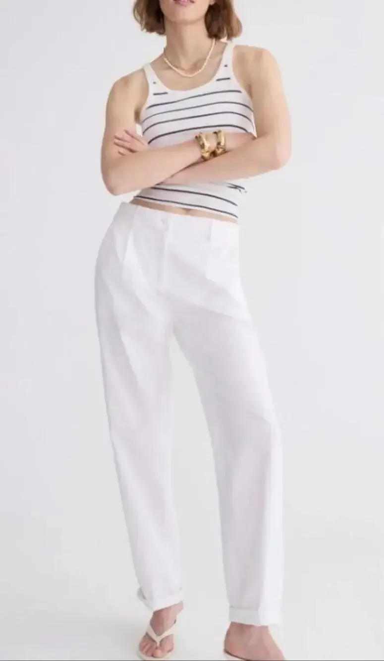 J.Crew Maritime Tapered Ripstop High-Waisted White Cotton Pleated Pants Size 6P
